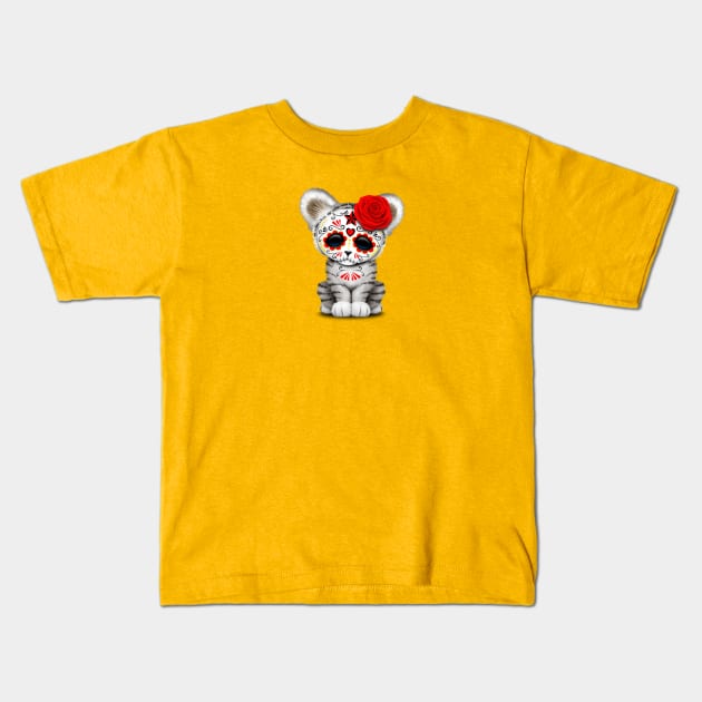 Red Day of the Dead Sugar Skull White Tiger Cub Kids T-Shirt by jeffbartels